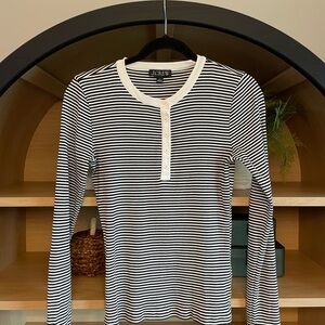 J Crew Black and White StripeVintage Rib Long Sleeve Henley Tee Shirt